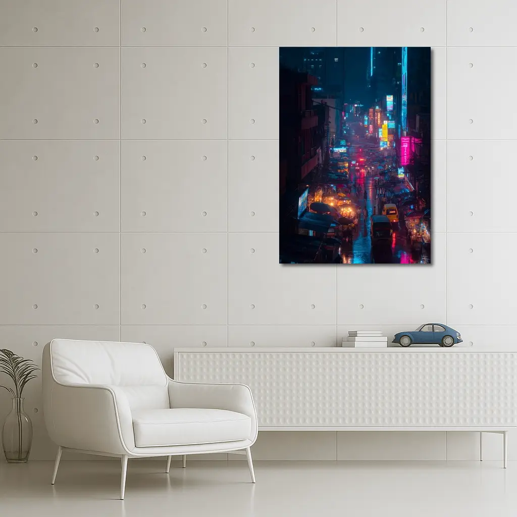 Neon Rainy City Street Night Scene – Wall Art