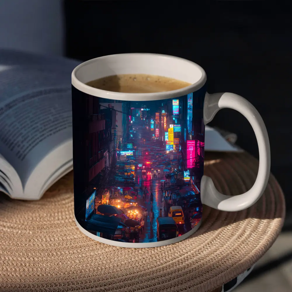 Neon Rainy City Street Night Scene – Mugs