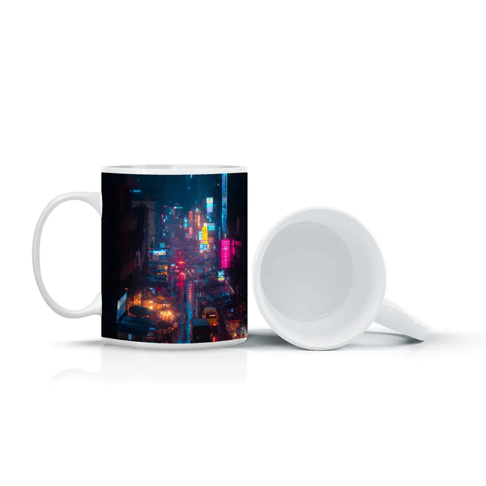 Neon Rainy City Street Night Scene – Mugs