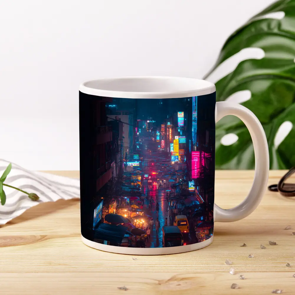 Neon Rainy City Street Night Scene – Mugs