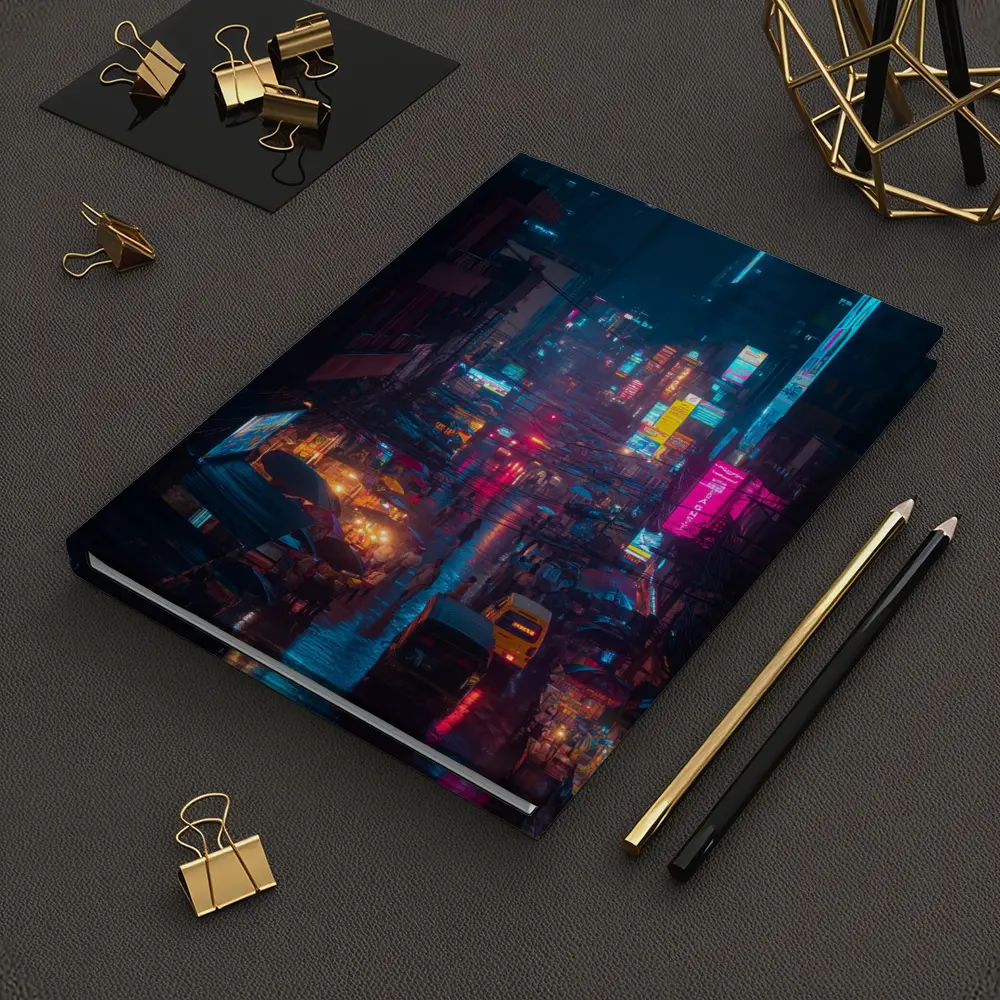 Neon Rainy City Street Night Scene – Notebooks