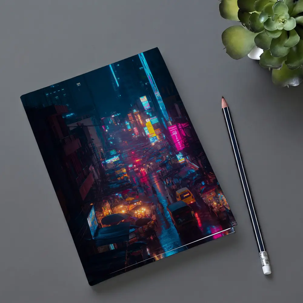 Neon Rainy City Street Night Scene – Notebooks