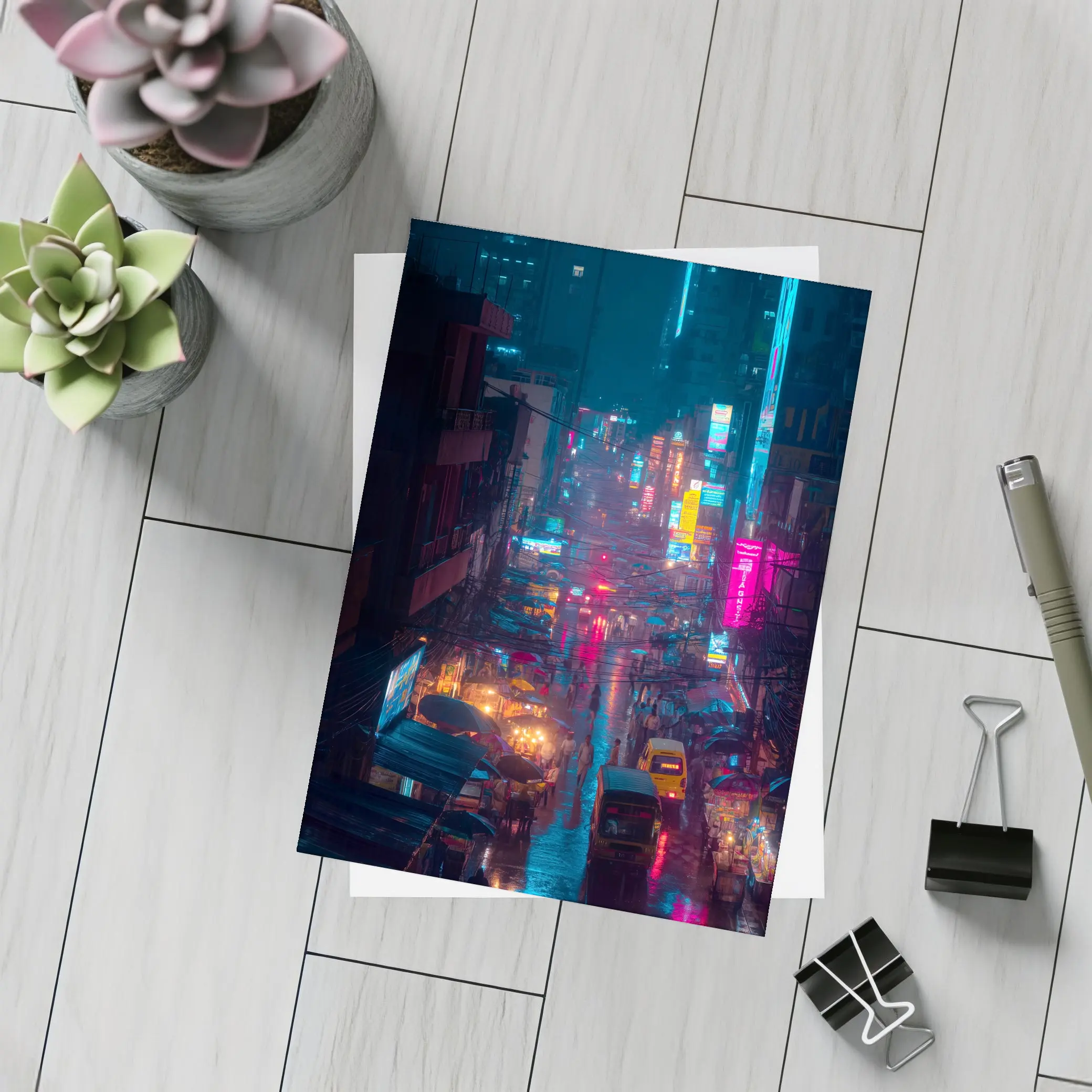 Neon Rainy City Street Night Scene – Postcards