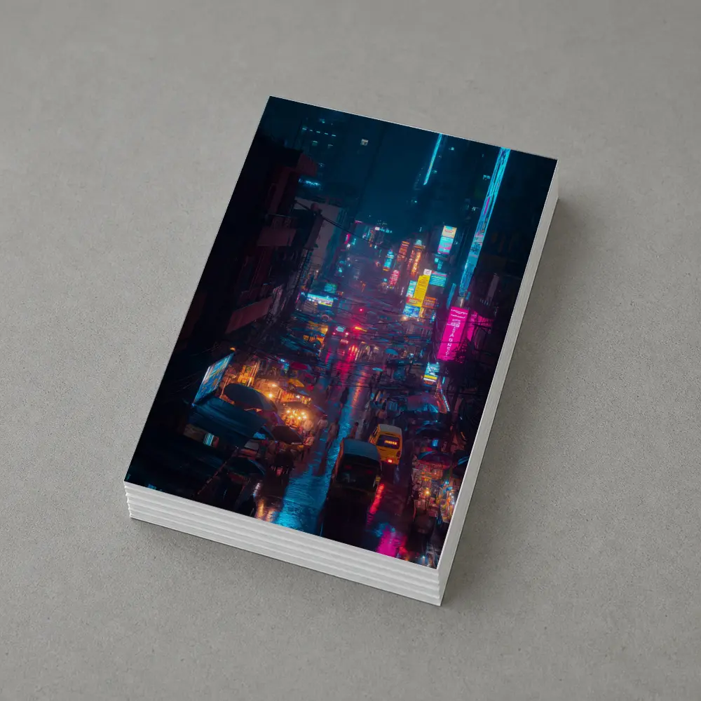 Neon Rainy City Street Night Scene – Postcards