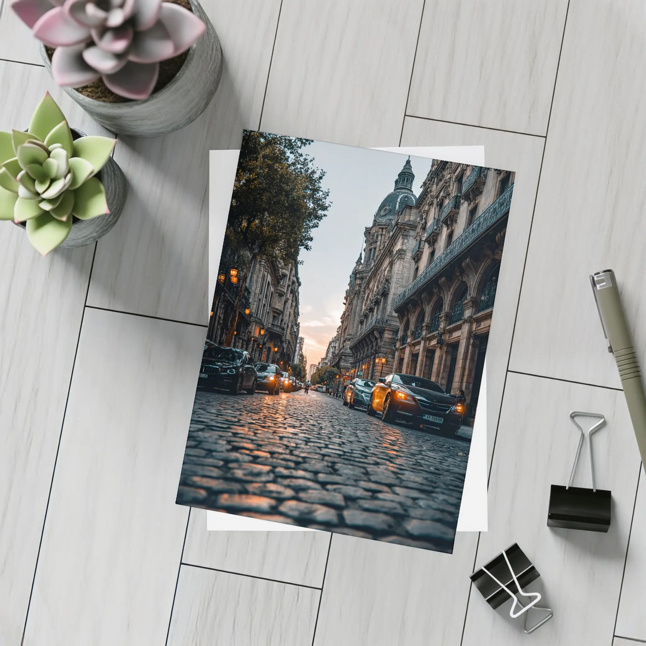 Paris Cobblestone Street At Dusk – Postcards