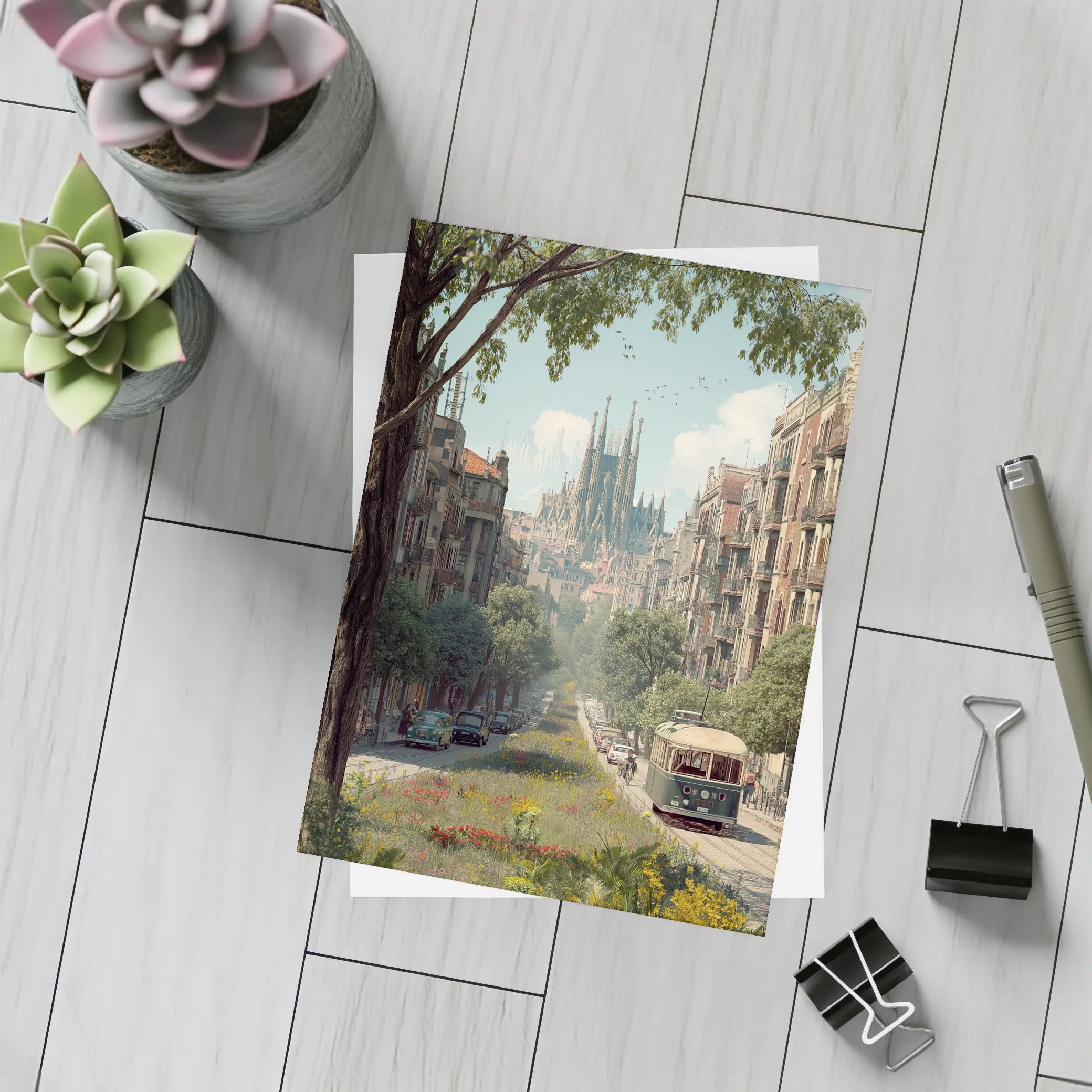 Barcelona Street Sagrada Familia Tram View – Postcards
