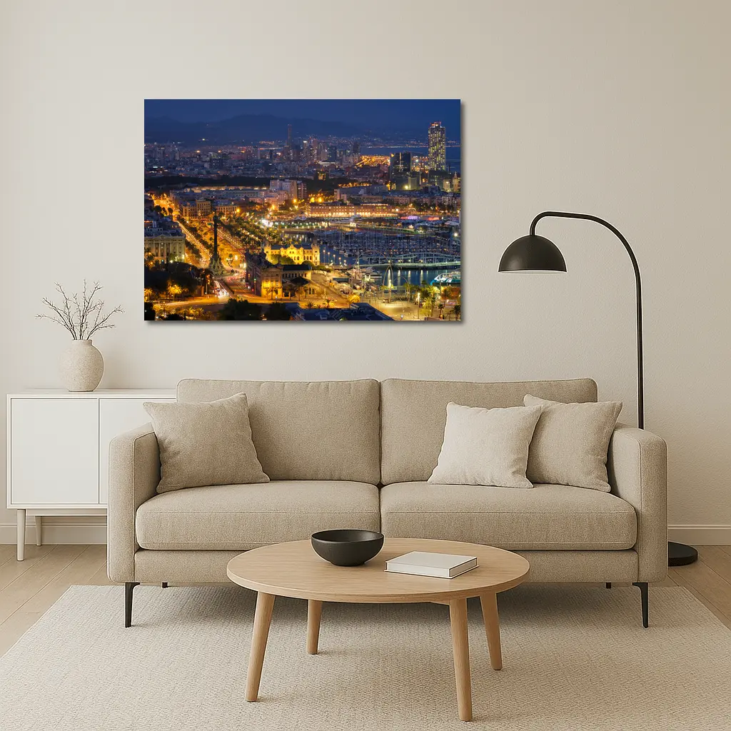Barcelona City Skyline Glowing at Night – Wall Art