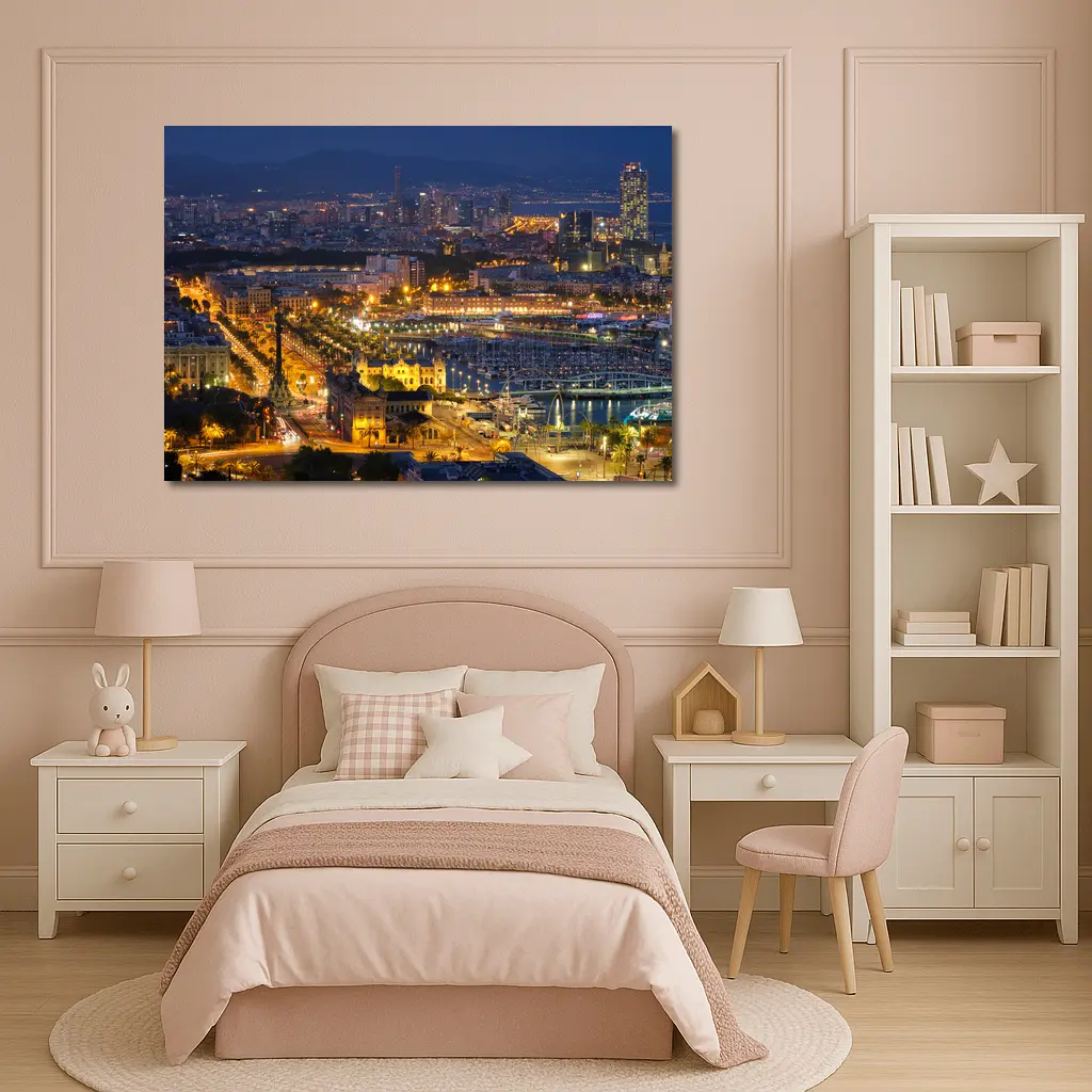 Barcelona City Skyline Glowing at Night – Wall Art