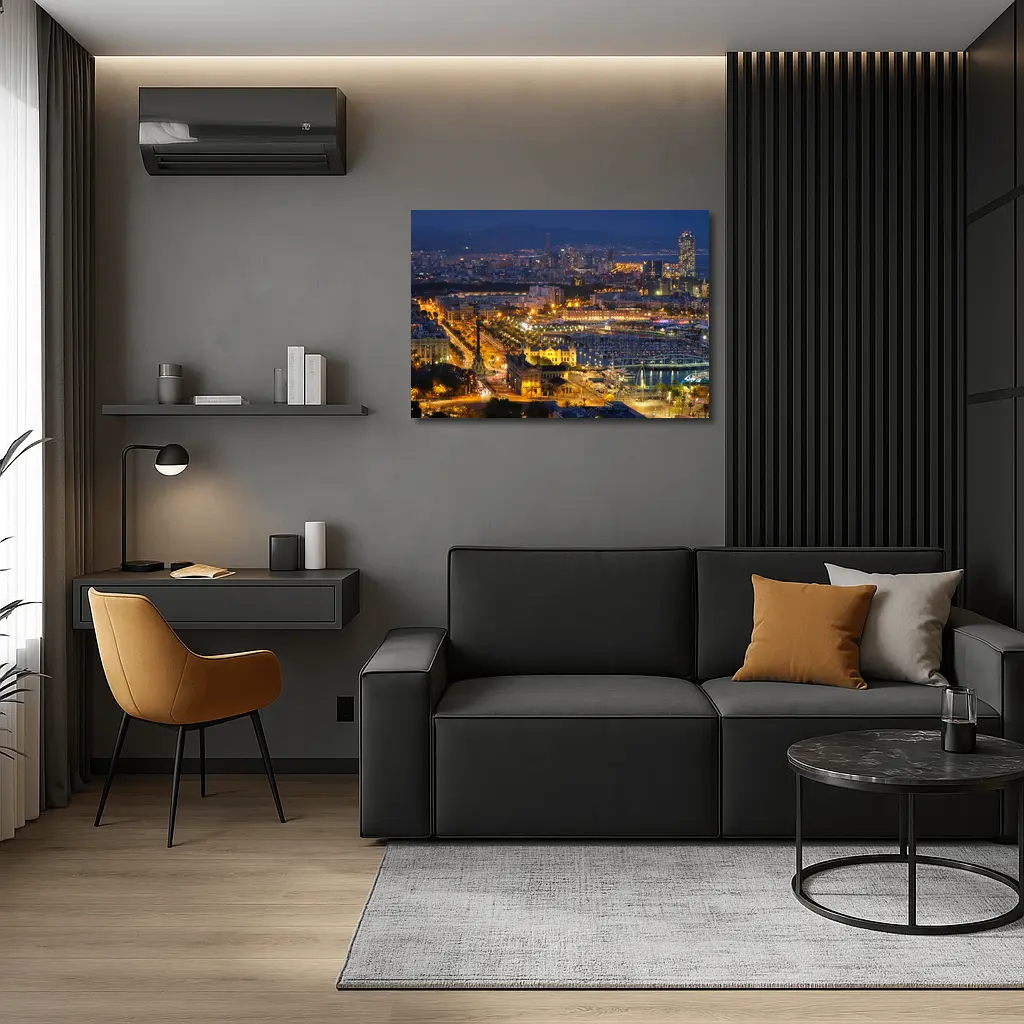 Barcelona City Skyline Glowing at Night – Wall Art