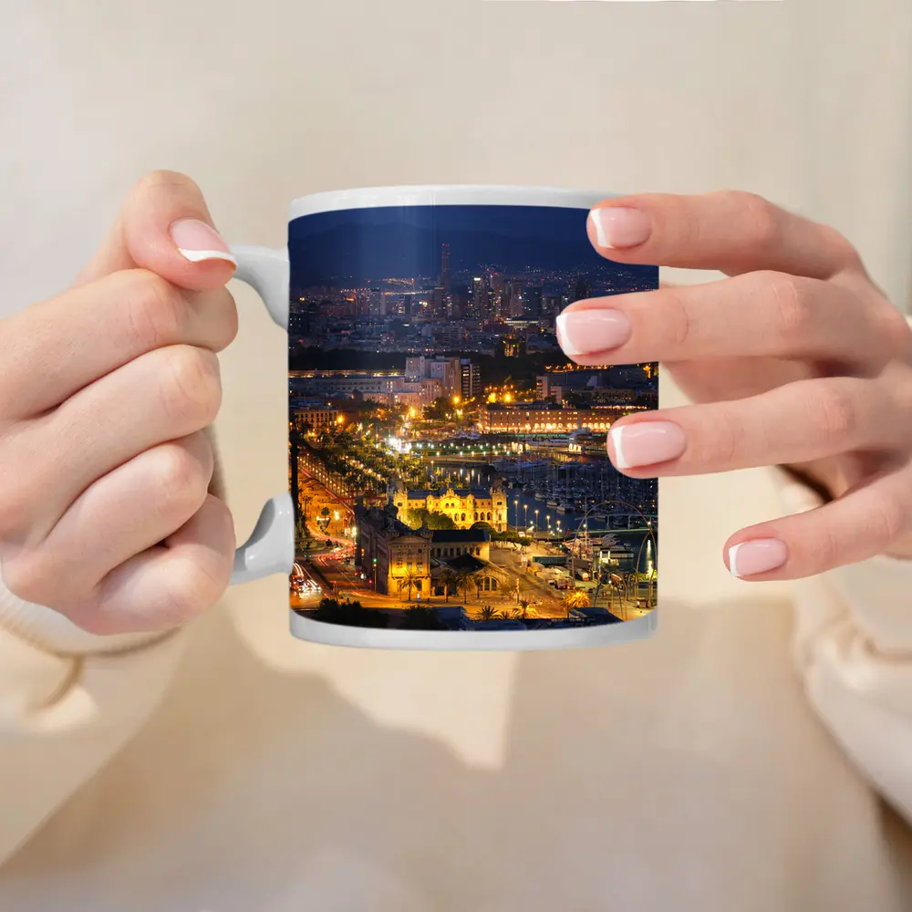 Barcelona City Skyline Glowing at Night – Mugs