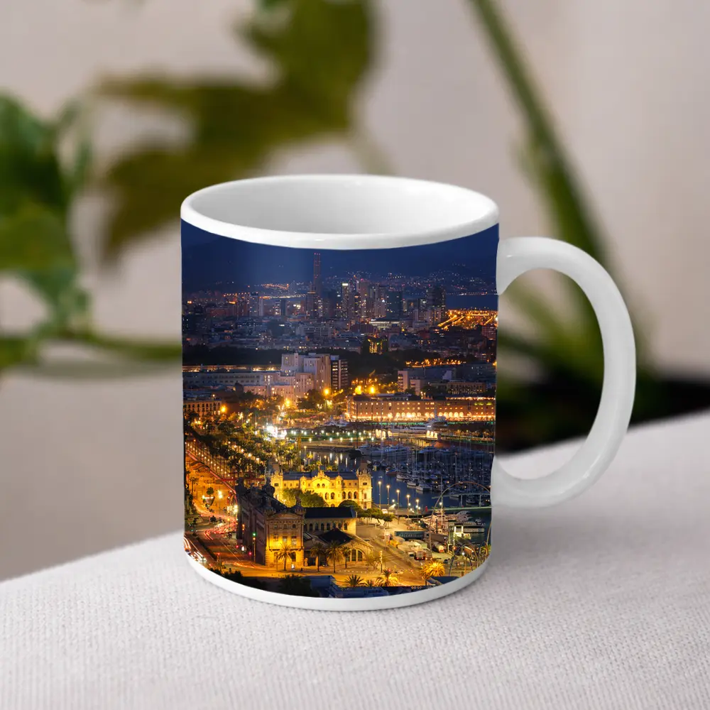 Barcelona City Skyline Glowing at Night – Mugs