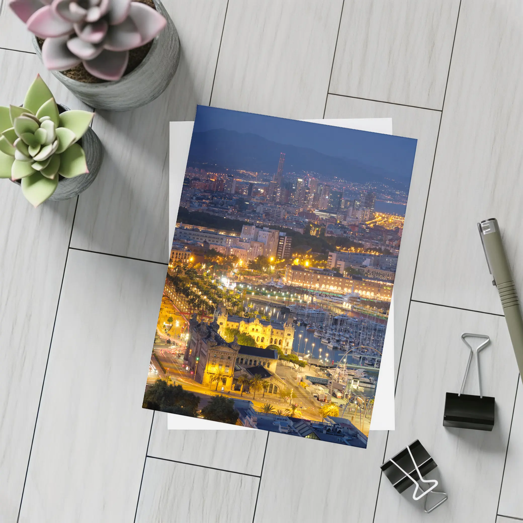 Barcelona City Skyline Glowing at Night – Postcards