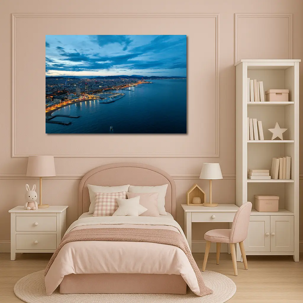 Barcelona Coastline Aerial View Blue Hour – Wall Art