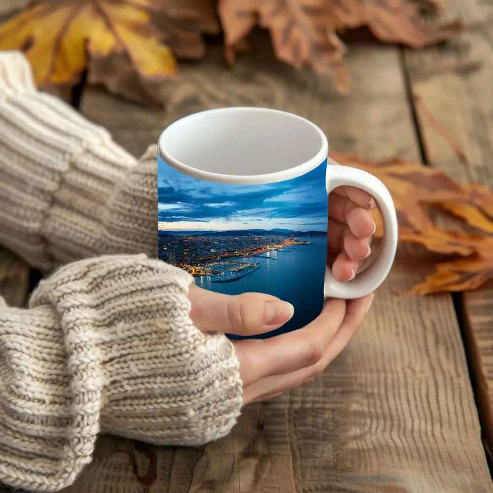 Barcelona Coastline Aerial View Blue Hour – Mugs