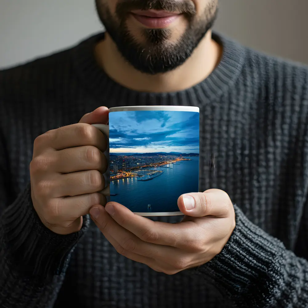 Barcelona Coastline Aerial View Blue Hour – Mugs