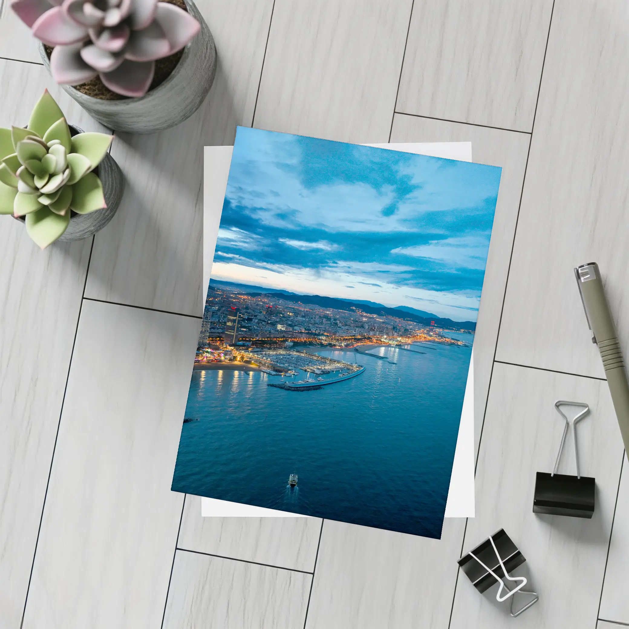 Barcelona Coastline Aerial View Blue Hour – Postcards