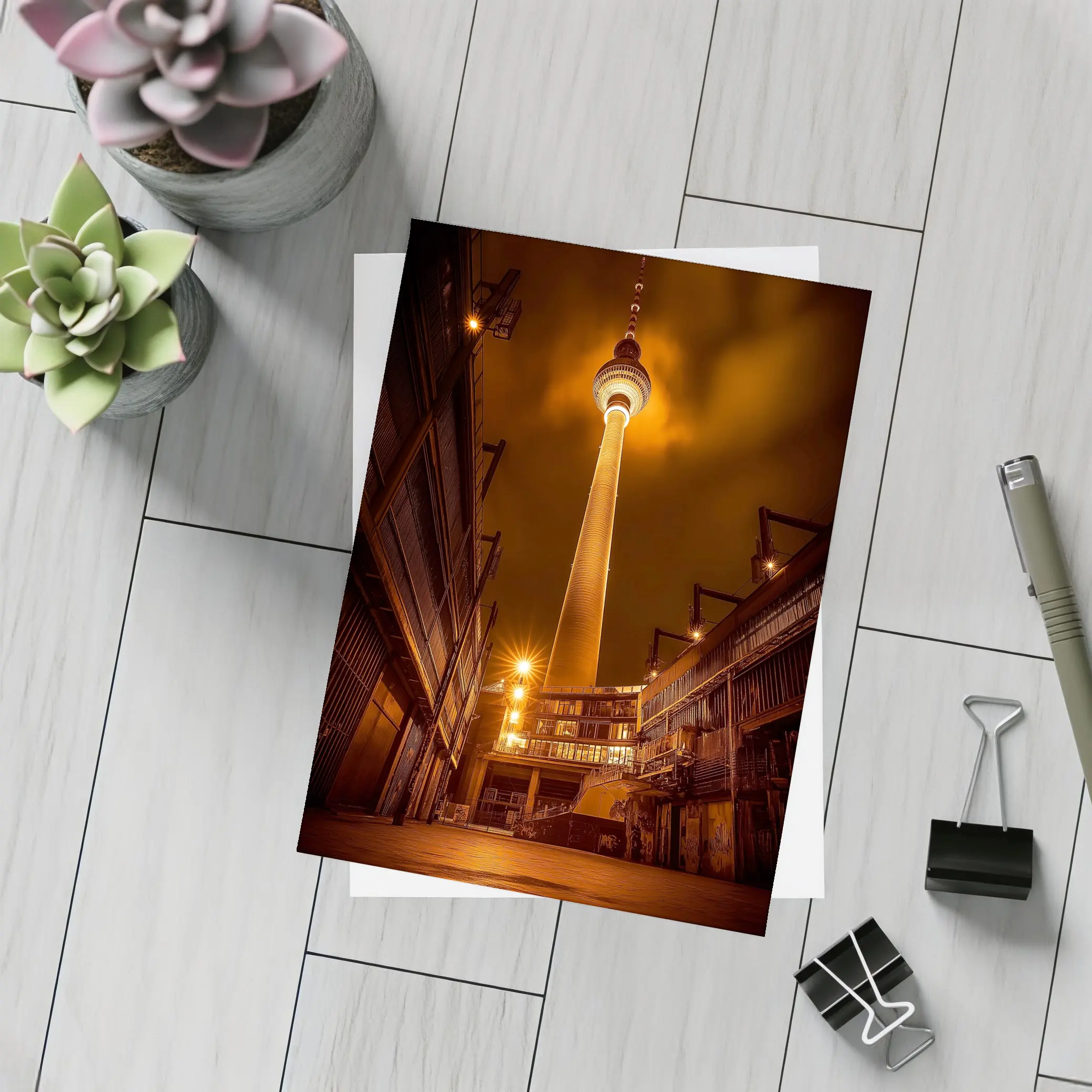Berlin TV Tower Glowing Night Urban Scene – Postcards