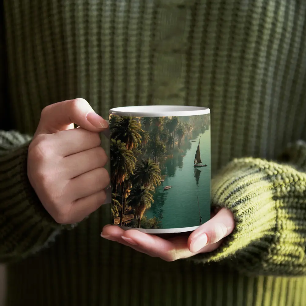Nile River Cairo Egypt Sailboats Palm Trees – Mugs