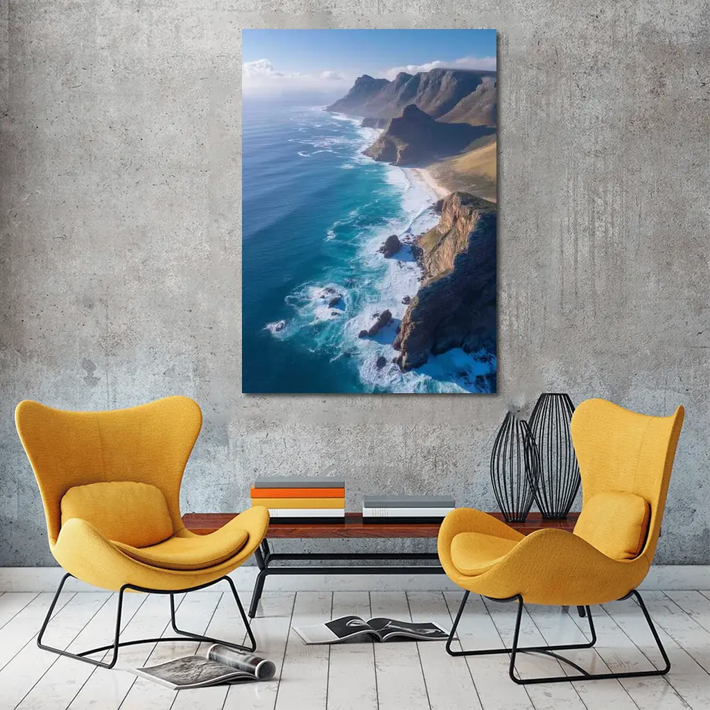 Aerial Coastal Cliffs Meeting Blue Ocean – Wall Art
