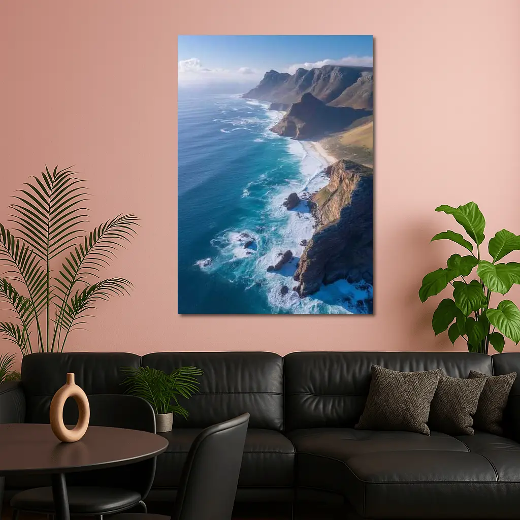 Aerial Coastal Cliffs Meeting Blue Ocean – Wall Art