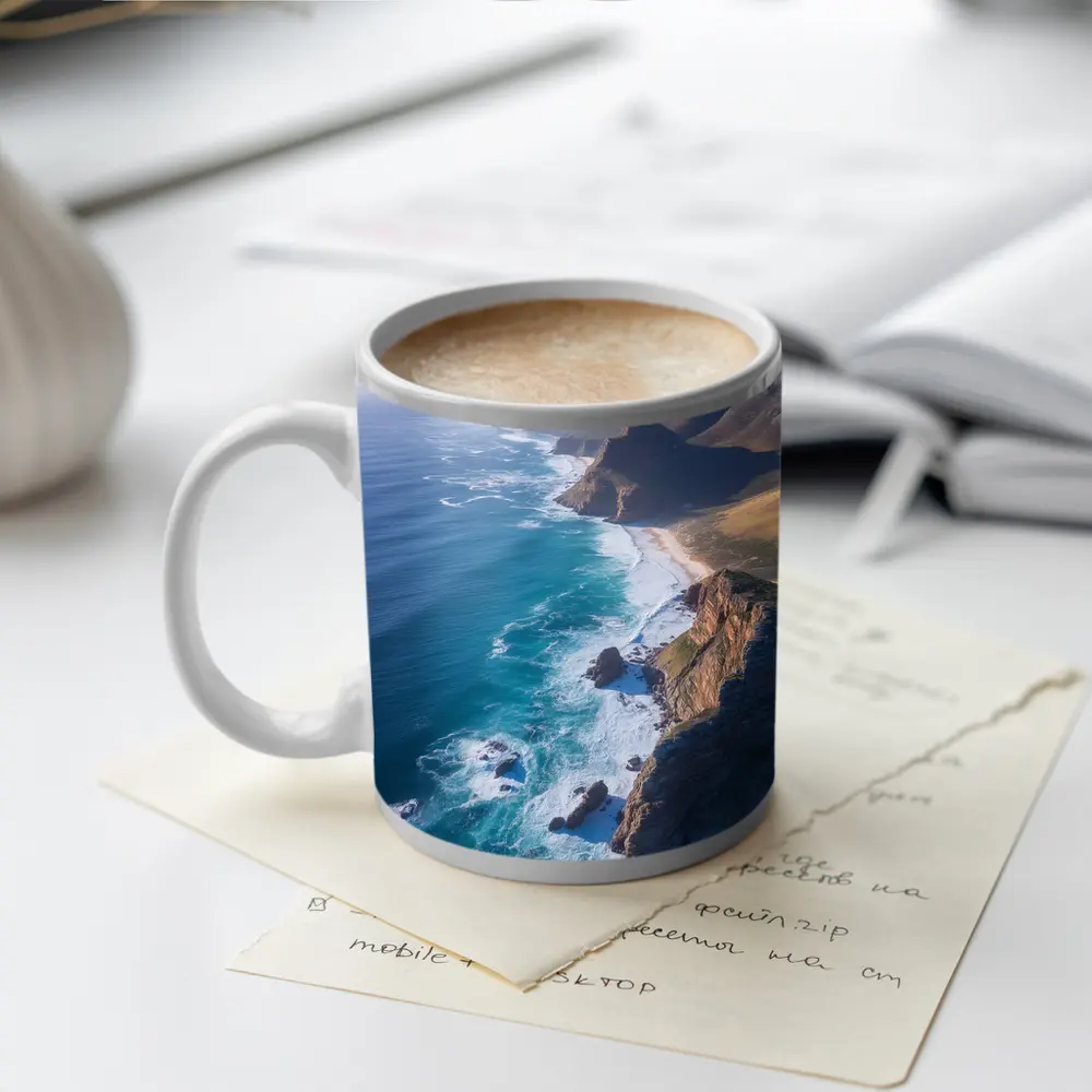 Aerial Coastal Cliffs Meeting Blue Ocean – Mugs