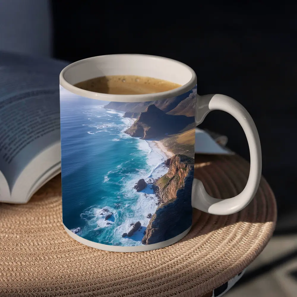 Aerial Coastal Cliffs Meeting Blue Ocean – Mugs