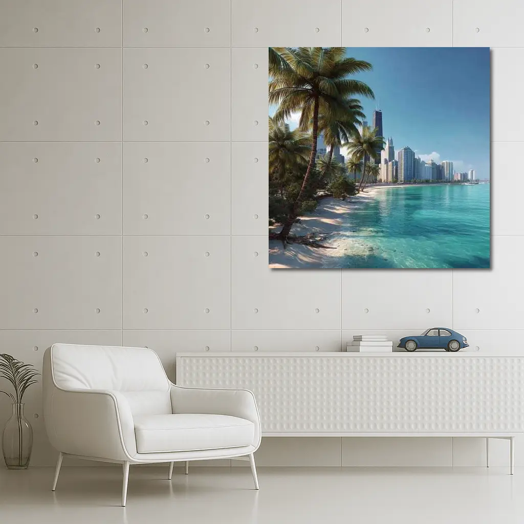 Tropical Beach Palm Trees City Skyline – Wall Art