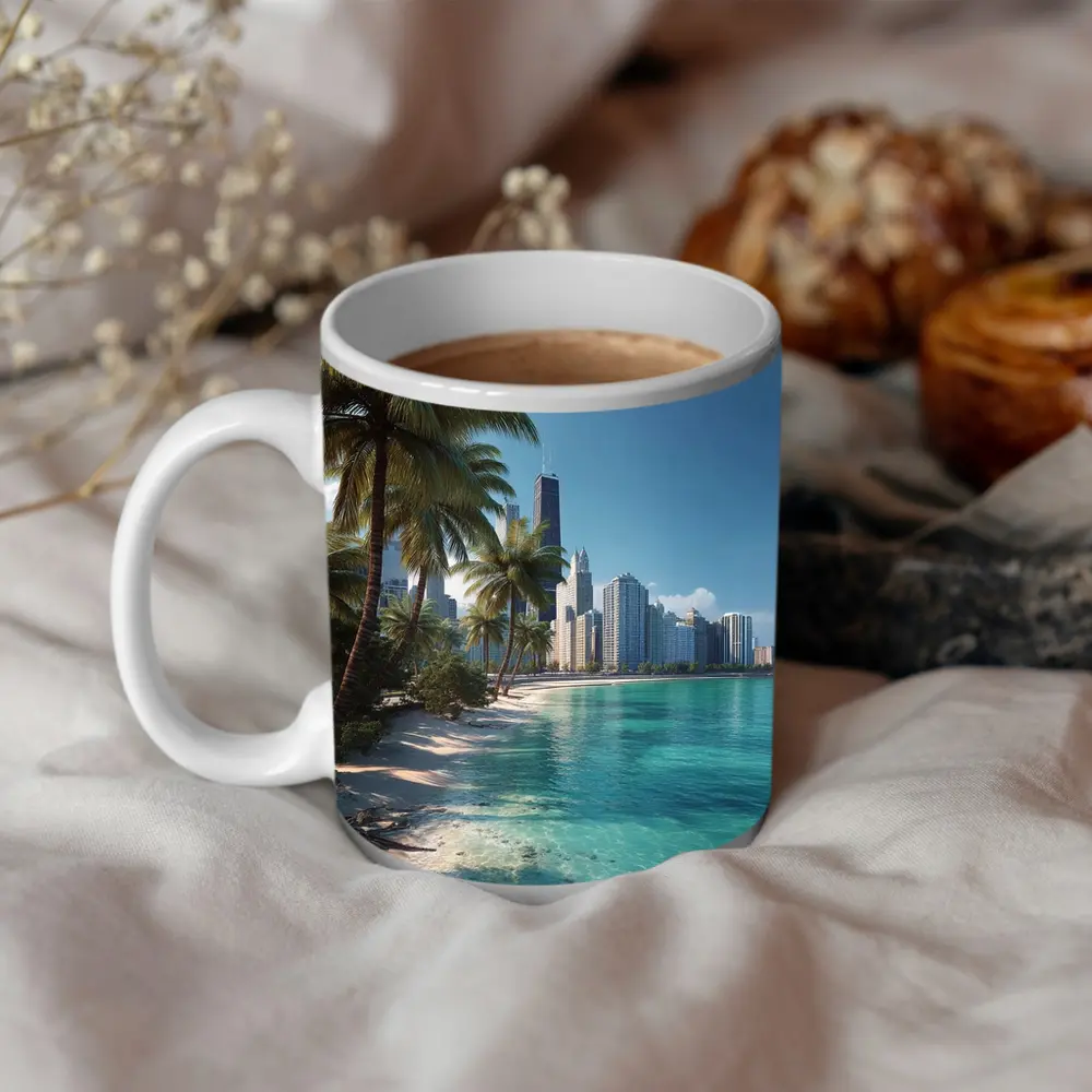 Tropical Beach Palm Trees City Skyline – Mugs