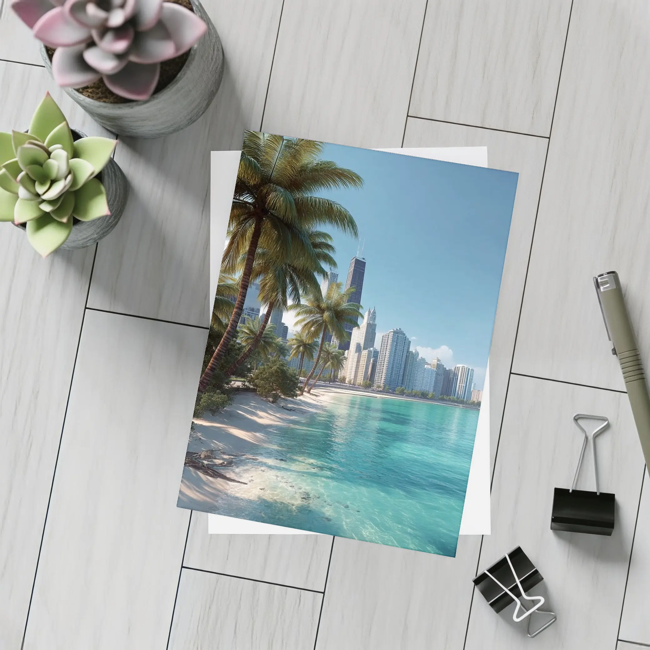Tropical Beach Palm Trees City Skyline – Postcards