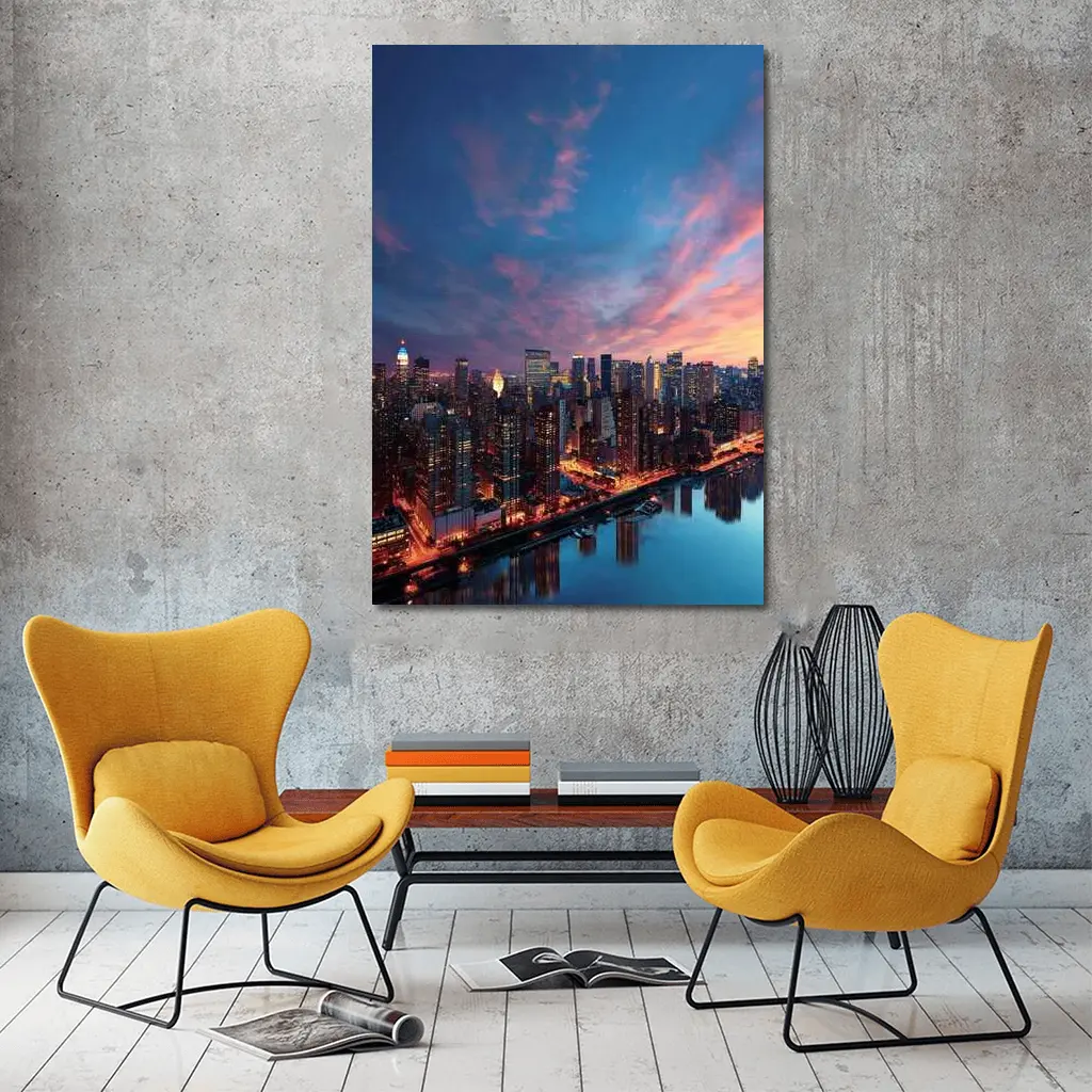 City Skyline at Dusk Over River – Wall Art