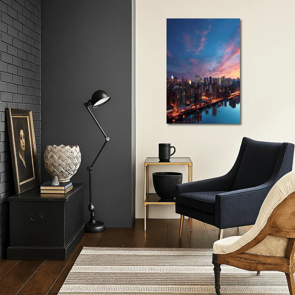 City Skyline at Dusk Over River – Wall Art