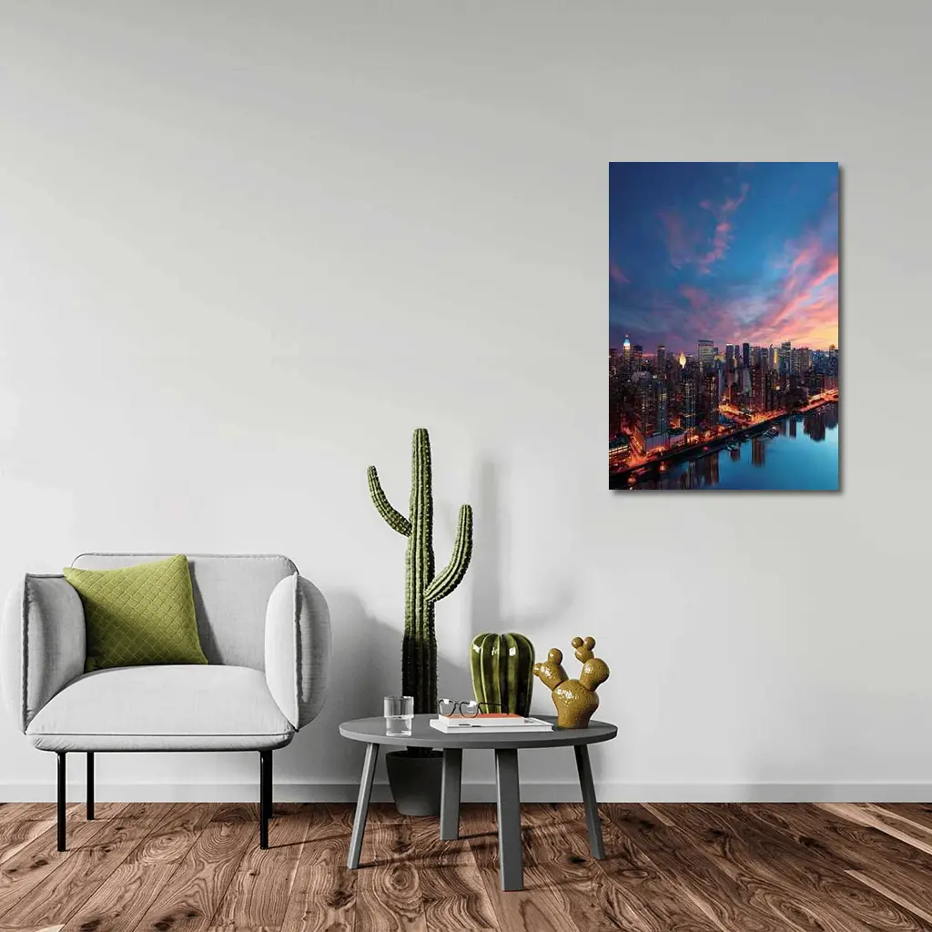 City Skyline at Dusk Over River – Wall Art