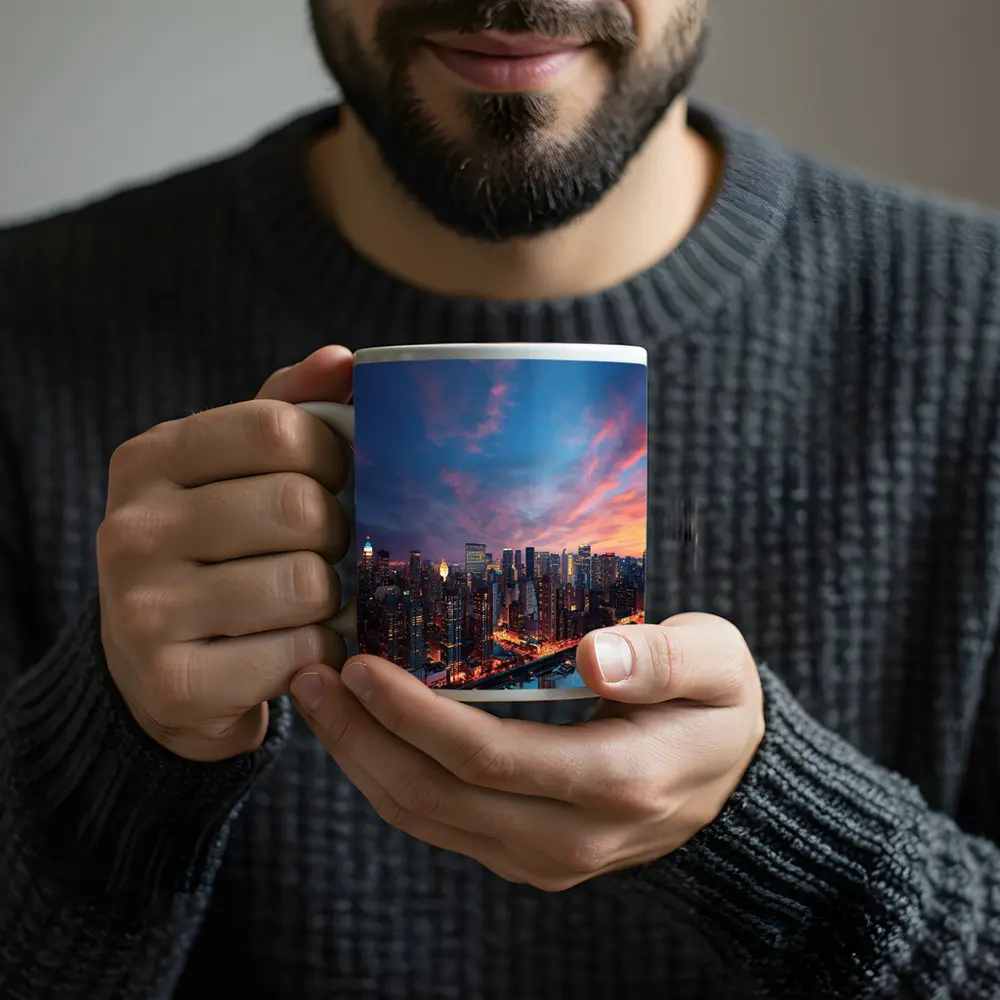 City Skyline at Dusk Over River – Mugs