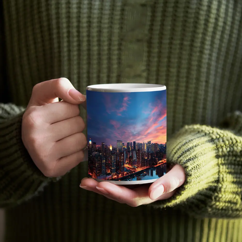 City Skyline at Dusk Over River – Mugs