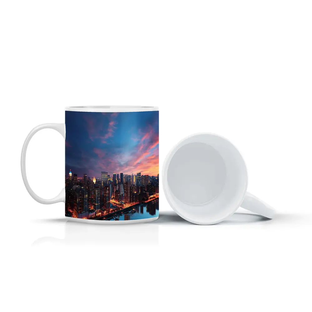 City Skyline at Dusk Over River – Mugs