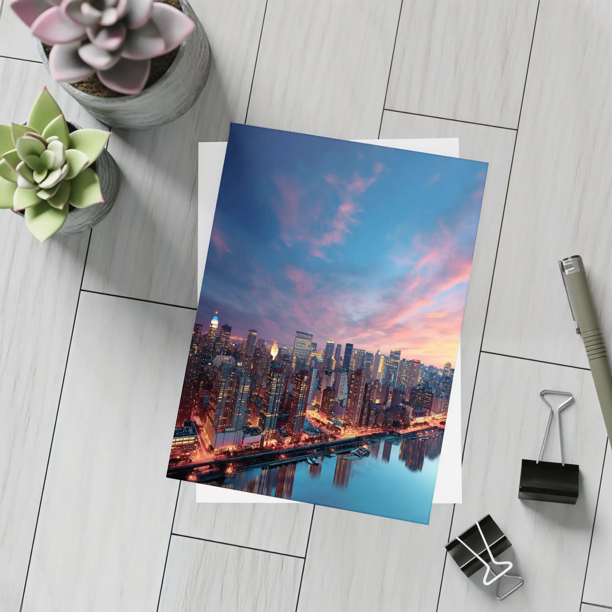 City Skyline at Dusk Over River – Postcards