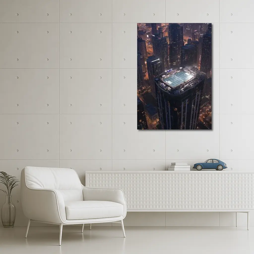 Rooftop Soccer Field City Night Skyline – Wall Art