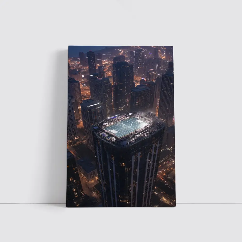 Rooftop Soccer Field City Night Skyline – Wall Art