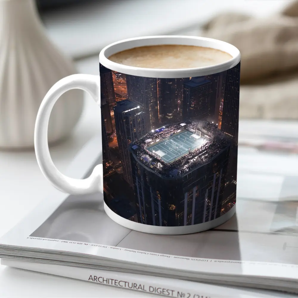 Rooftop Soccer Field City Night Skyline – Mugs