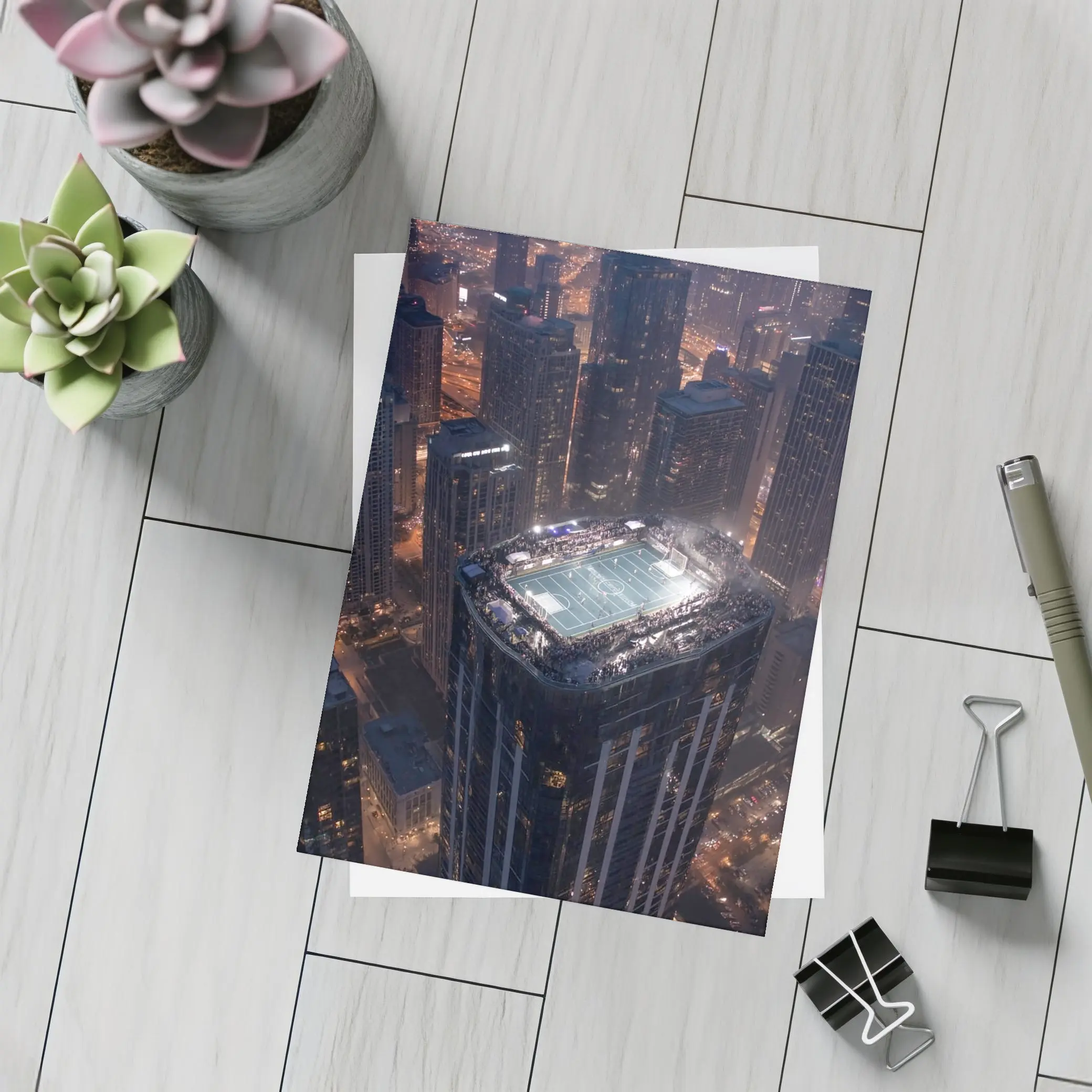 Rooftop Soccer Field City Night Skyline – Postcards