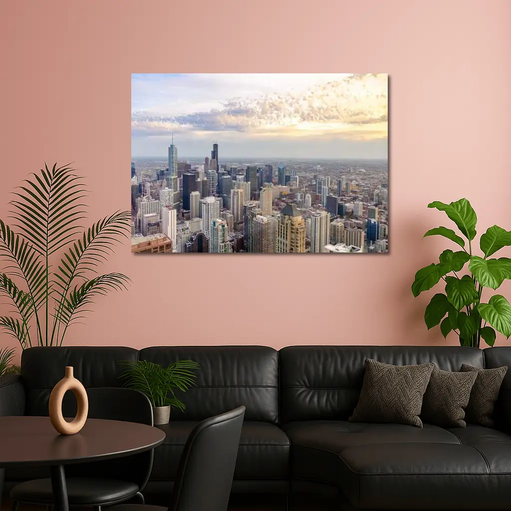 Chicago Skyline Aerial View Golden Sunset – Wall Art