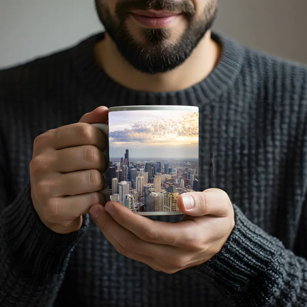 Chicago Skyline Aerial View Golden Sunset – Mugs