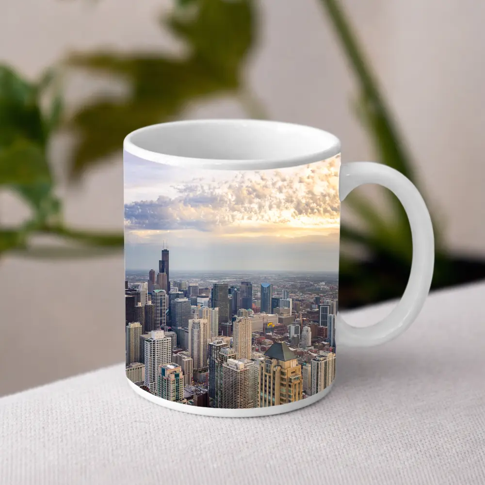 Chicago Skyline Aerial View Golden Sunset – Mugs