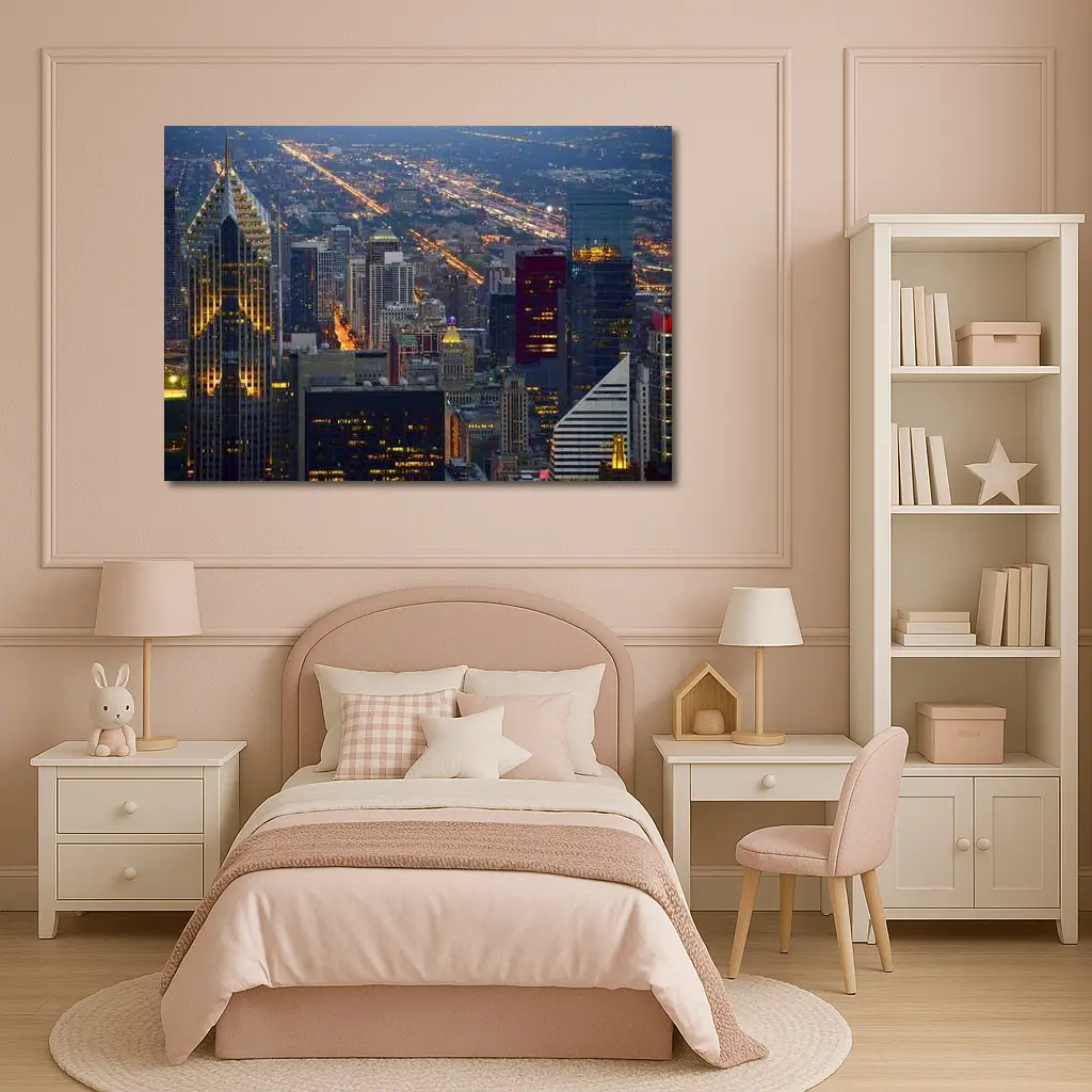Chicago Skyline Aerial City Night View – Wall Art