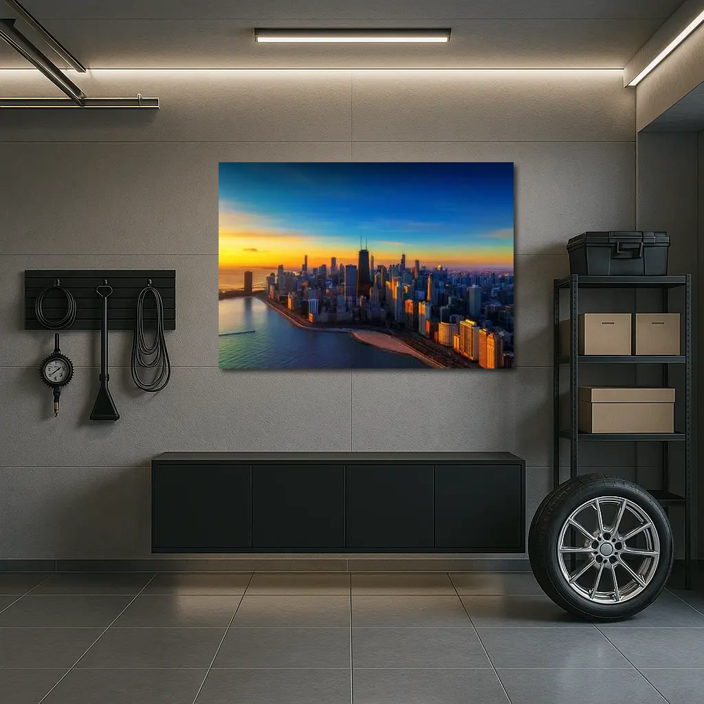 Chicago Skyline Aerial View Golden Sunset – Wall Art
