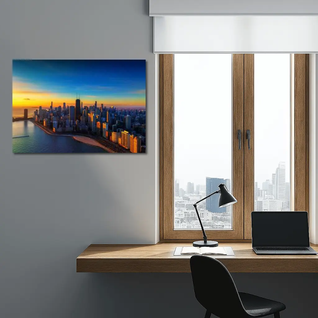 Chicago Skyline Aerial View Golden Sunset – Wall Art