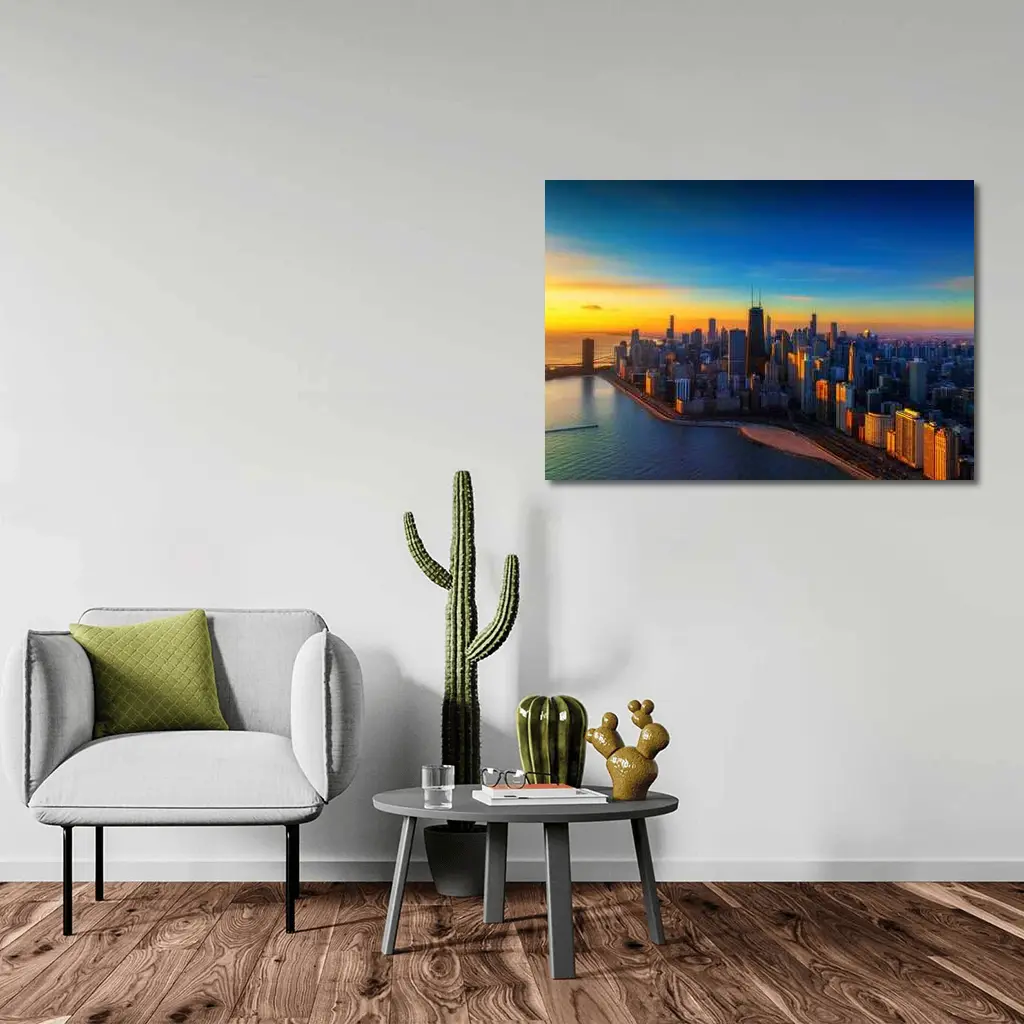 Chicago Skyline Aerial View Golden Sunset – Wall Art