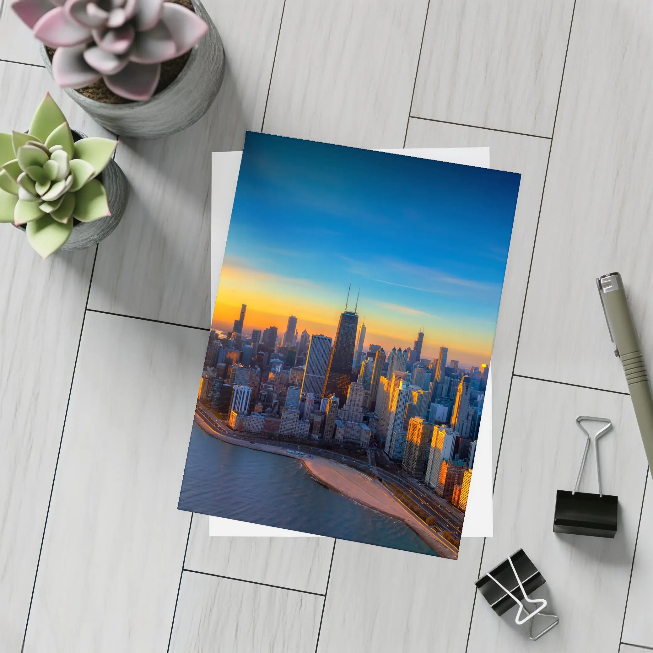 Chicago Skyline Aerial View Golden Sunset – Postcards