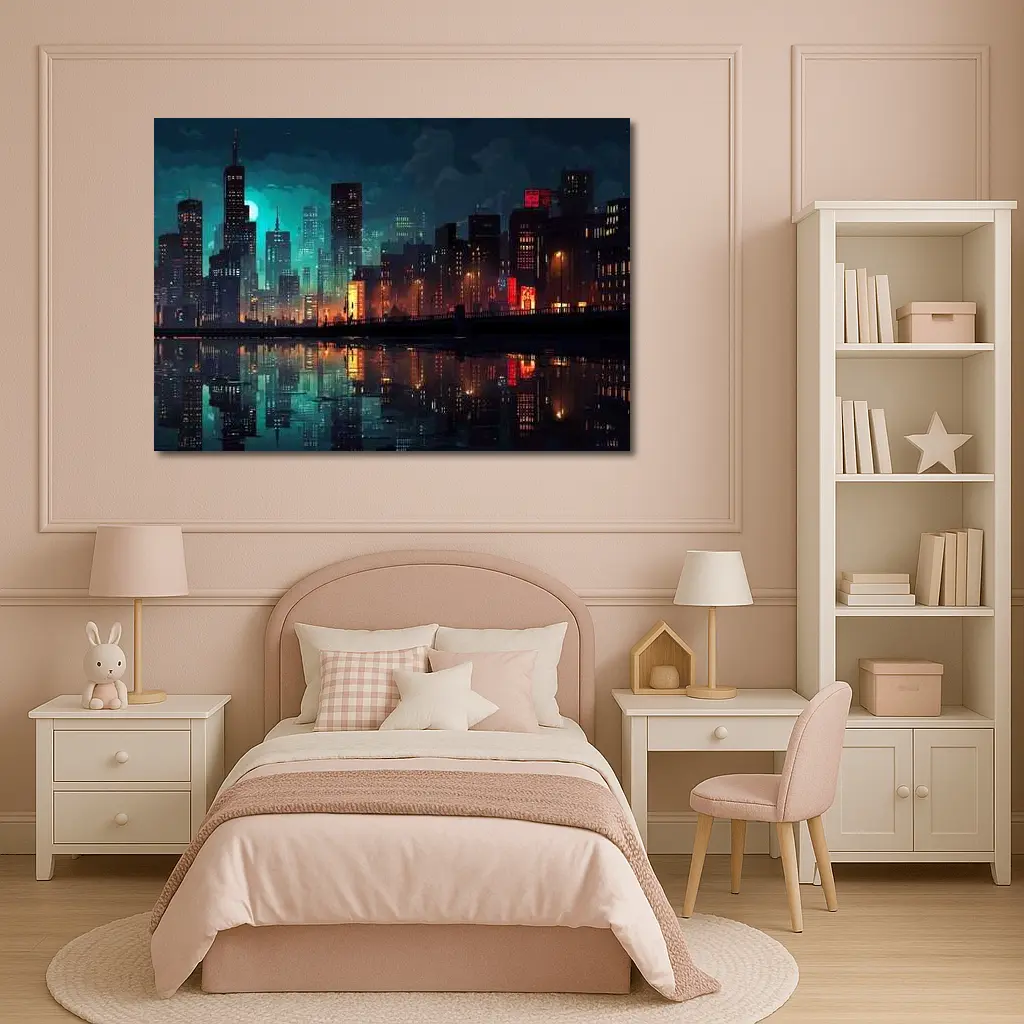 Pixel Art City Night Skyline Reflection – Wall Art