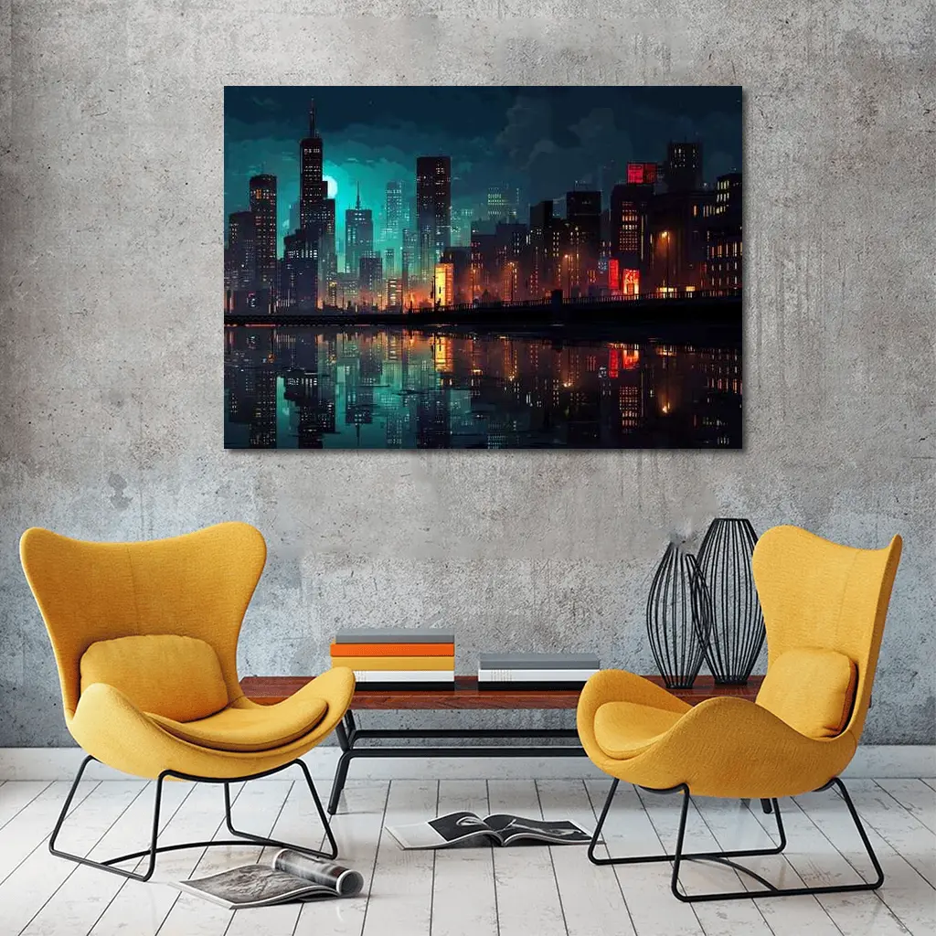 Pixel Art City Night Skyline Reflection – Wall Art